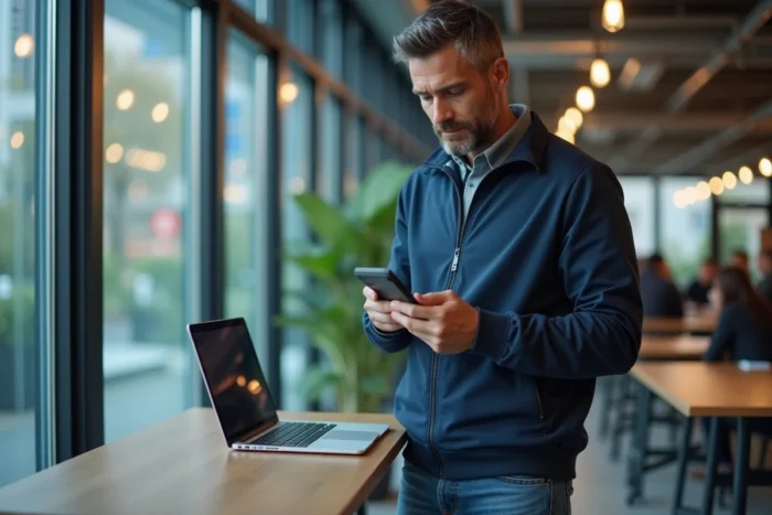 Homme consultant son smartphone pour activer un accès internet Free 24h en urgence dans un espace de coworking