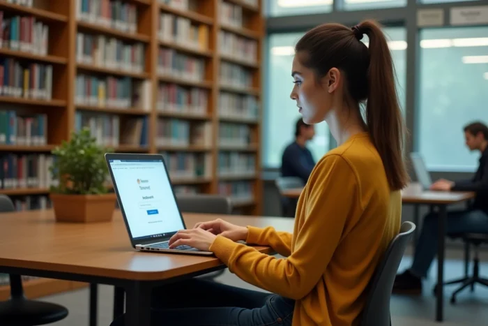 Jeune personnelle de l'éducation nationale accédant à la messagerie mail de l'académie de Créteil depuis une bibliothèque universitaire