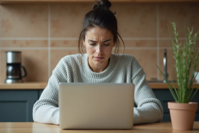 Femme utilisant un accès internet provisoire Free sur son ordinateur portable en cas d'urgence à domicile