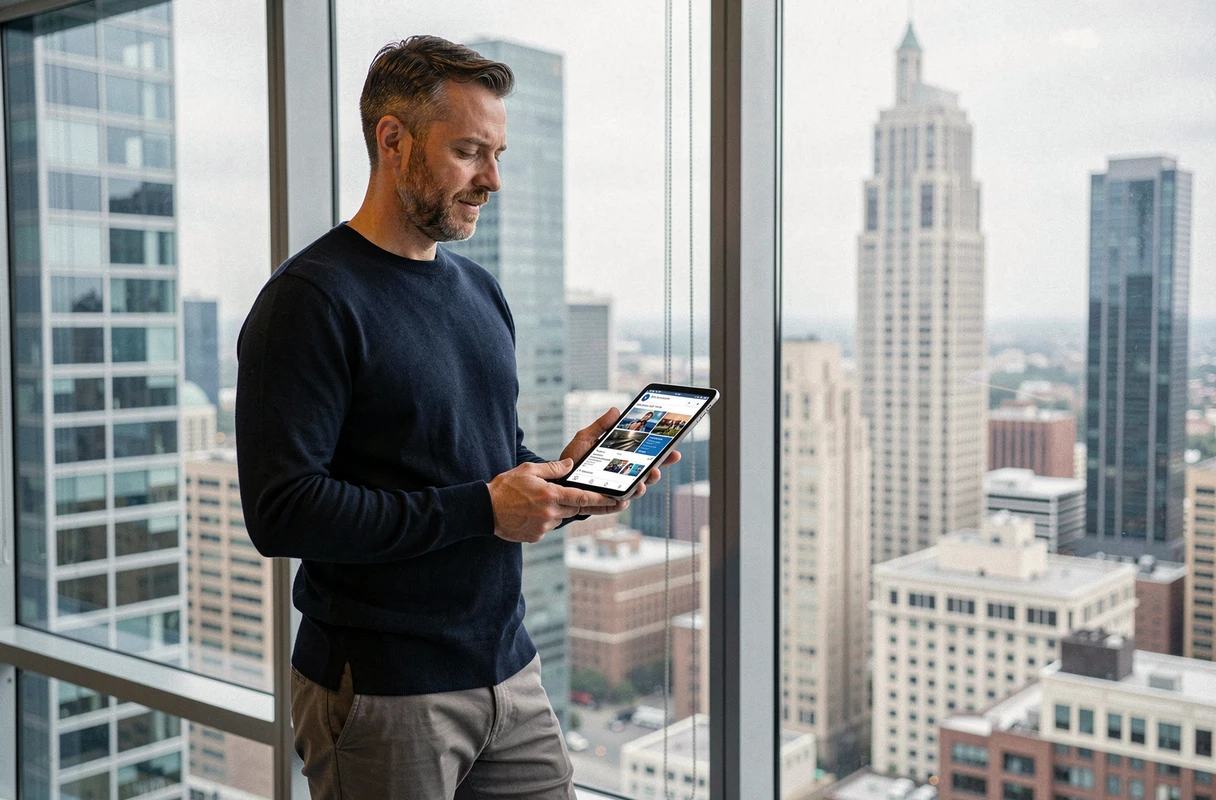Homme d'affaires consultant les actualités et tendances du web sur une tablette dans un espace de coworking avec vue urbaine