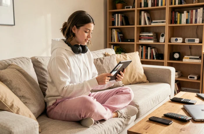 Adolescente utilisant une tablette pour un appel vidéo dans un salon connecté moderne, technologie du quotidien