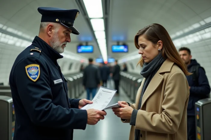 Agent RATP remettant un avis d'amende à une passagère dans une station de métro parisienne