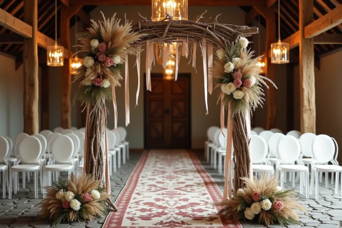 Arche de mariage en bois naturel ornée de pampa, roses blanches et rubans dans une grange rustique décorée