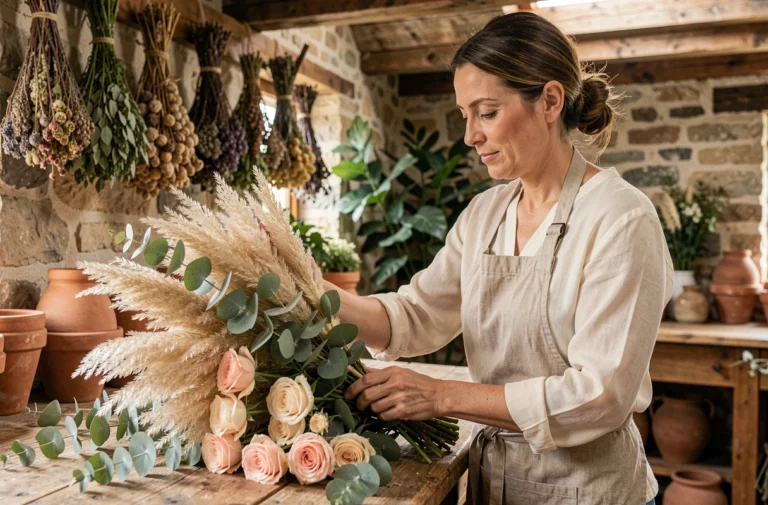 Artisane fleuriste arrangeant un bouquet de fleurs séchées et de roses dans un atelier en pierre aux tonalités chaleureuses