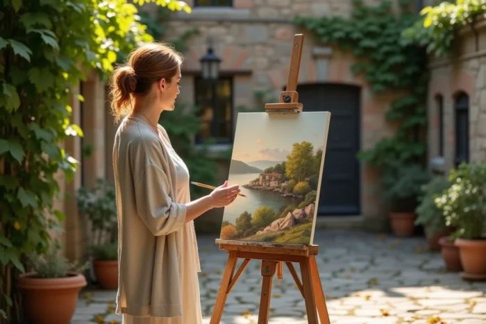 Artiste peintre devant son chevalet dans une cour en pierre avec une toile de paysage en cours de réalisation