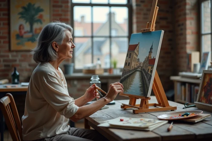 Femme artiste peintre examinant une toile à l'huile dans un atelier avec vue sur les toits de la ville