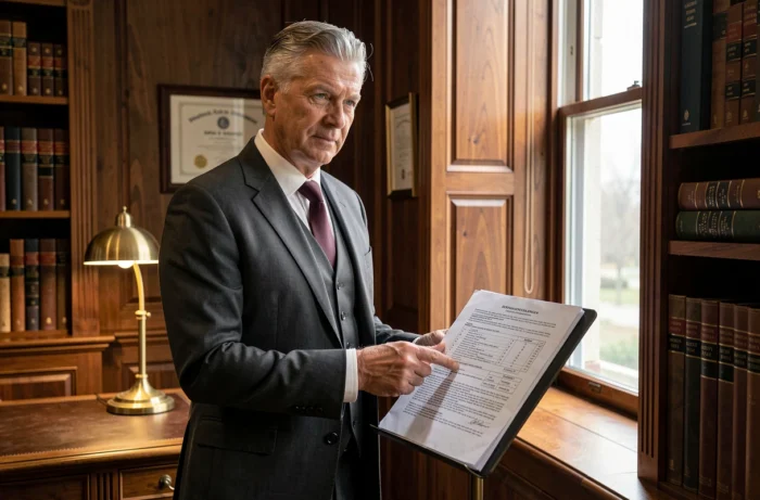 Avocat expérimenté expliquant des aspects juridiques essentiels à ses clients dans un cabinet traditionnel