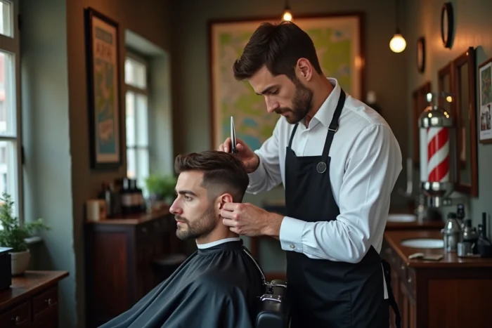 Coiffeur homme réalisant une coupe dans un salon de coiffure abordable du quartier, à Lyon