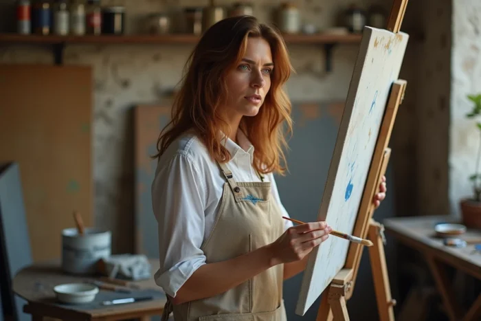 Béatrice Vonderweidt, artiste peintre dans son atelier parisien, tenant un pinceau devant une grande toile
