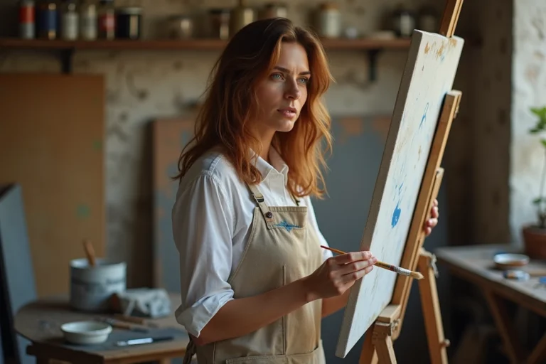 Béatrice Vonderweidt, artiste peintre dans son atelier parisien, tenant un pinceau devant une grande toile