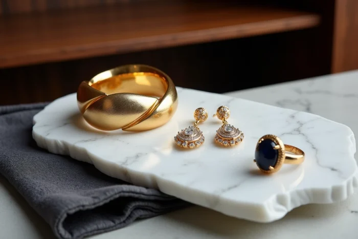 Présentation éditoriale de bijoux fins Torrente en or et pierres précieuses sur marbre blanc de Carrare
