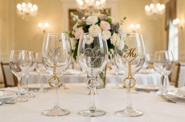 Rangée de verres à vin avec des breloques décoratives en métal argenté et doré accrochées au pied pour identifier les invités