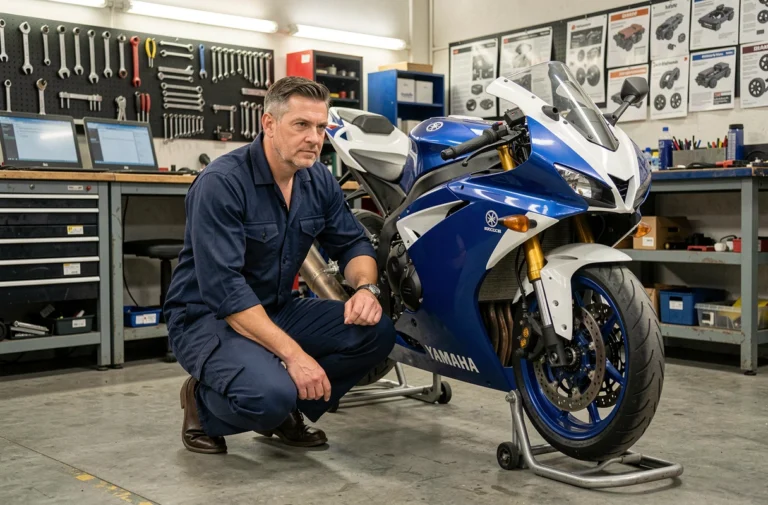 Technicien moto professionnel en train de brider une Yamaha R6 dans un atelier de mécanique