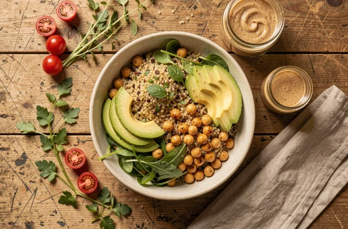 Vue du dessus d'un Buddha bowl végétarien coloré et équilibré sur une table en bois rustique