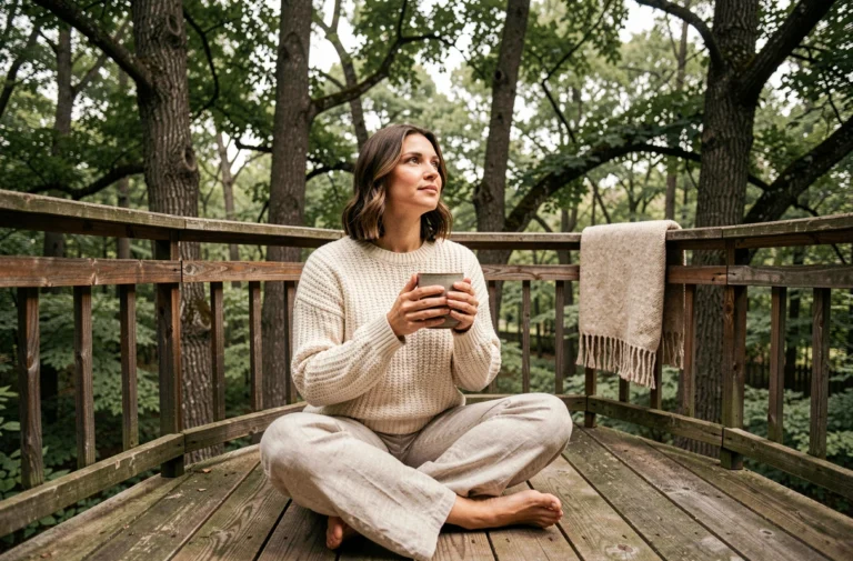 Femme se relaxant sur la terrasse en bois d'une cabane dans les arbres entourée de forêt