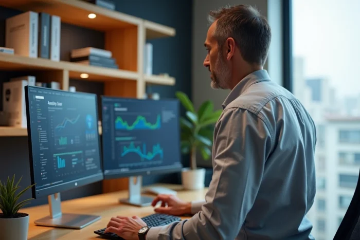 Homme cadre analysant des données de marché B2B sur deux écrans dans un bureau à domicile moderne pour optimiser sa recherche d'emploi