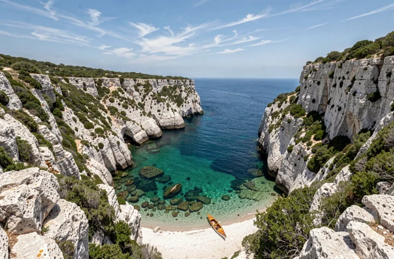 Vue aérienne de la calanque de la Vesse avec ses eaux turquoise et ses falaises calcaires blanches près de Marseille