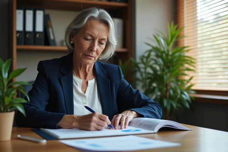 Femme mature examinant un document de contrat d'assurance vie à son bureau à domicile