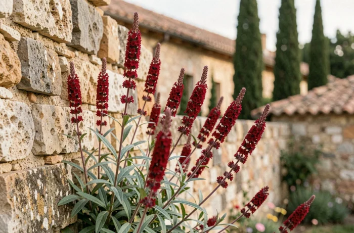 Centranthus ruber (kentranthus) aux fleurs rouge carmin poussant sur un vieux mur de pierres sèches méditerranéen
