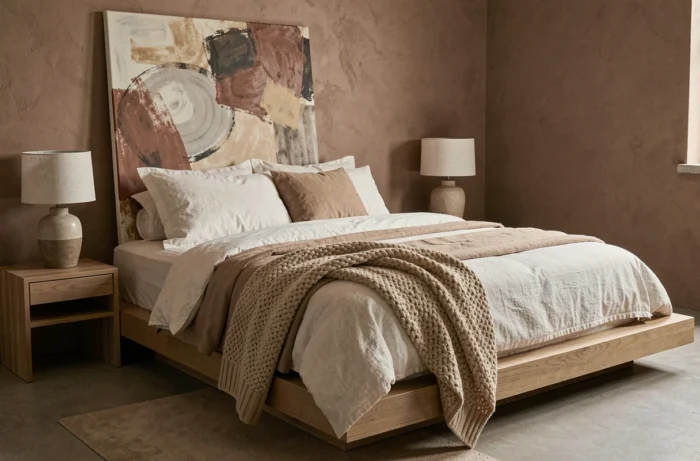 Chambre contemporaine avec lit plateforme, linge de lit en lin sable, jeté en laine et oeuvre d'art abstraite terreuse sur fond de mur argileux