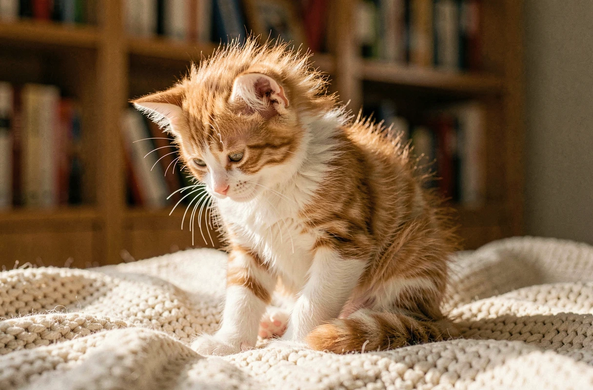 Chaton mâle roux et blanc se toilettant sur une couverture tricotée dans un intérieur cosy, développement félin naturel