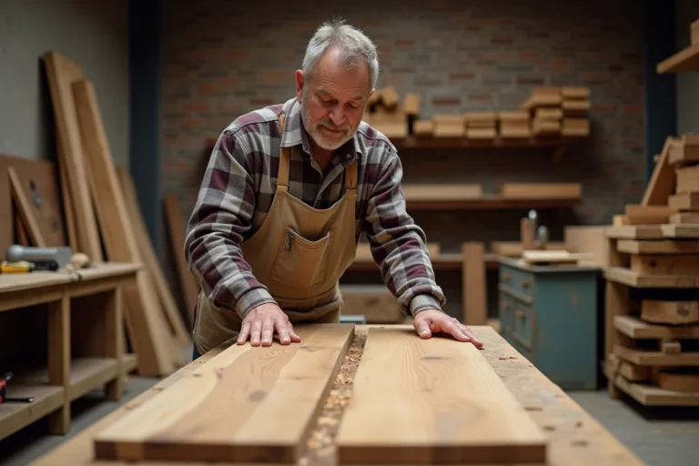Charpentier comparant une planche de chêne brut et une planche de chêne raboté sur un établi d'atelier