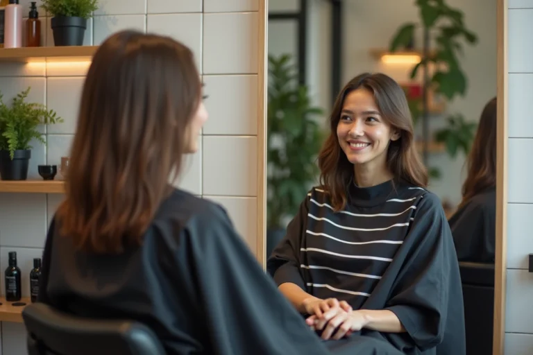 Jeune femme dans un fauteuil de coiffeur abordable à Lyon, reflétée dans un grand miroir de salon moderne