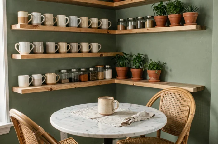 Coin cuisine cosy avec étagères en bois, céramiques artisanales, mur vert sauge et petite table en marbre bistrot