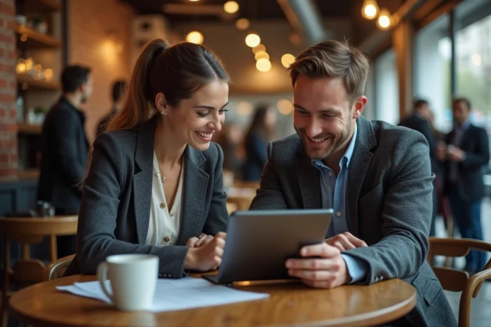 Deux collègues discutant des meilleures formules de politesse alternatives dans un e-mail professionnel autour d'une tablette dans un café