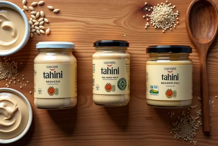 Comparatif de plusieurs marques de tahini disposées sur un plan de travail en bois