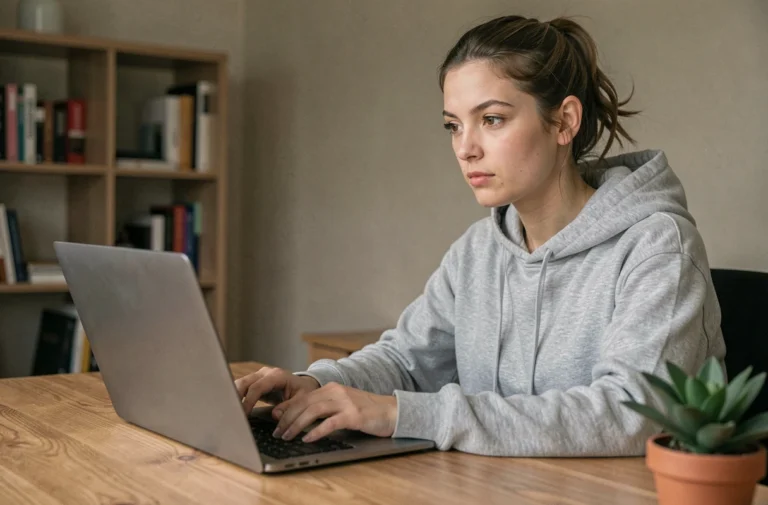 Jeune femme créant un compte Instagram anonyme sur un ordinateur portable dans un bureau minimaliste