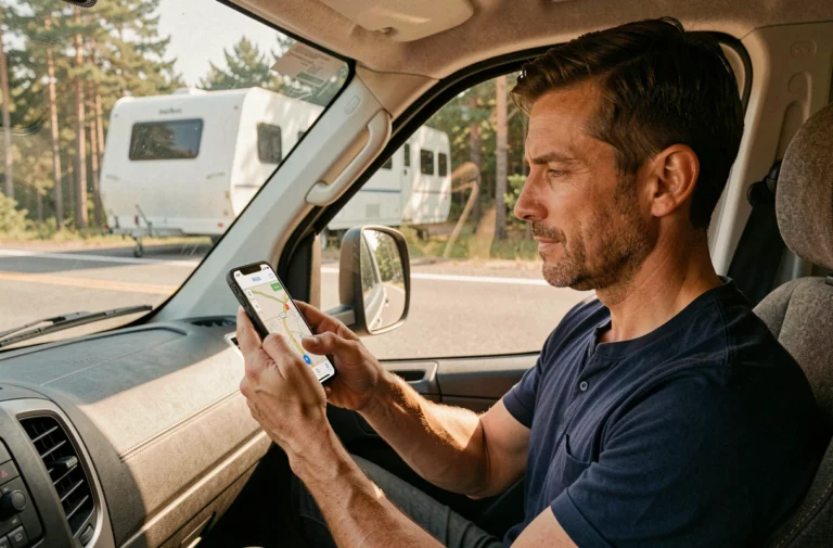 Conducteur de camping-car utilisant l'application Waze sur smartphone monté sur tableau de bord pour optimiser un trajet en caravane sur route de campagne