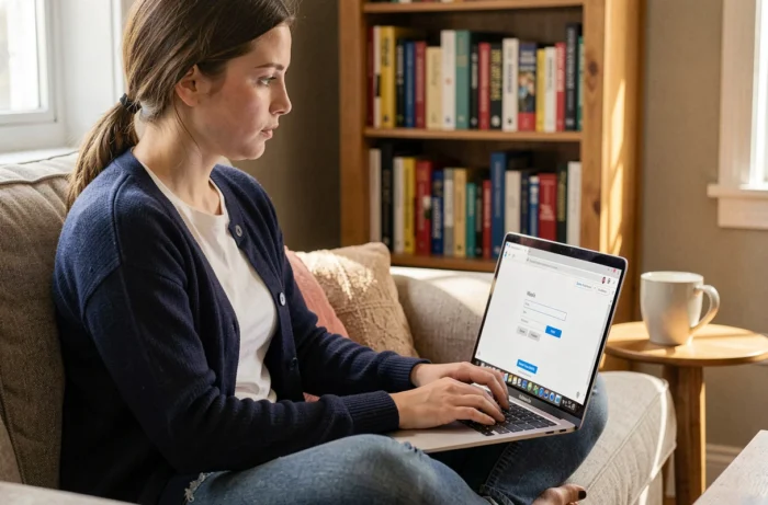 Jeune enseignante se connectant à la messagerie académique de Nantes depuis son domicile sur un ordinateur portable