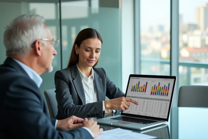 Conseillère immobilière présentant un comparatif de scénarios viager sur Excel à un couple de seniors en agence
