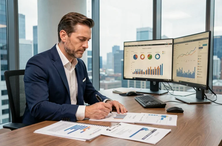 Consolideur financier en costume marine travaillant sur des rapports financiers dans un bureau moderne avec vue sur la ville