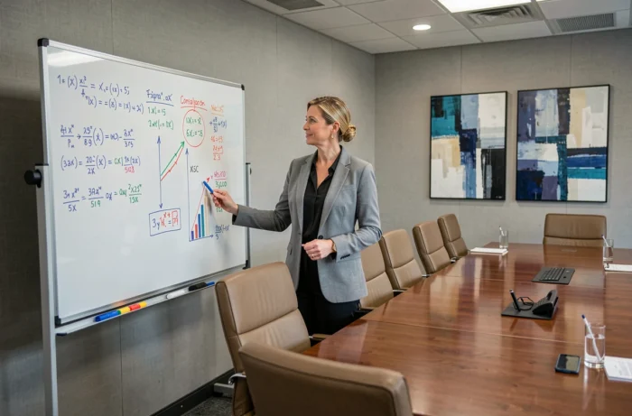 Femme consolideure présentant des schémas de consolidation financière sur un tableau blanc en salle de réunion d'entreprise