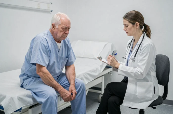 Médecin consultant un patient âgé essoufflé lors d'un examen cardiaque en cabinet médical