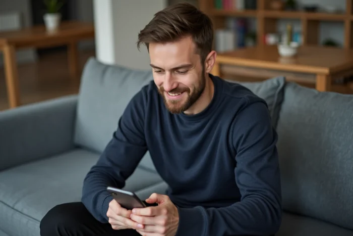 Homme consultant la structure de navigation d'un site de garde d'enfants sur smartphone