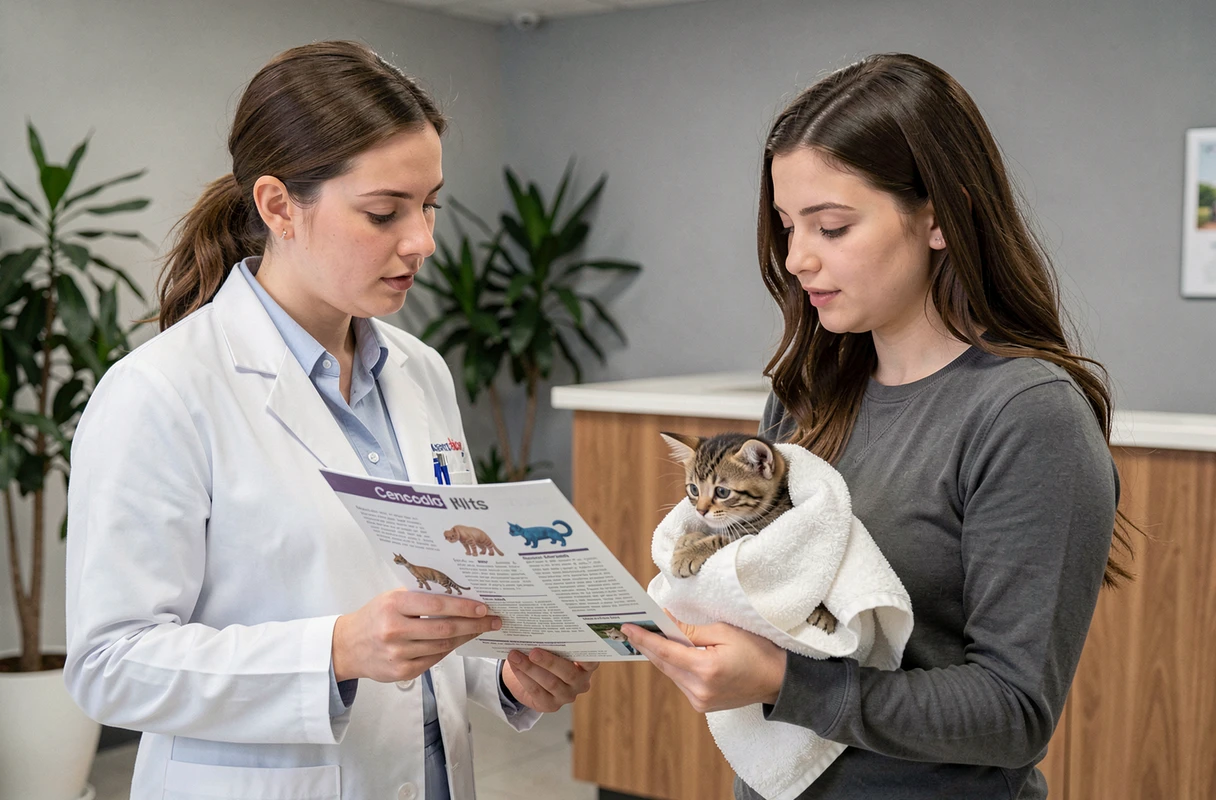 Vétérinaire et propriétaire discutant du développement d'un chaton mâle en clinique vétérinaire, conseils santé féline