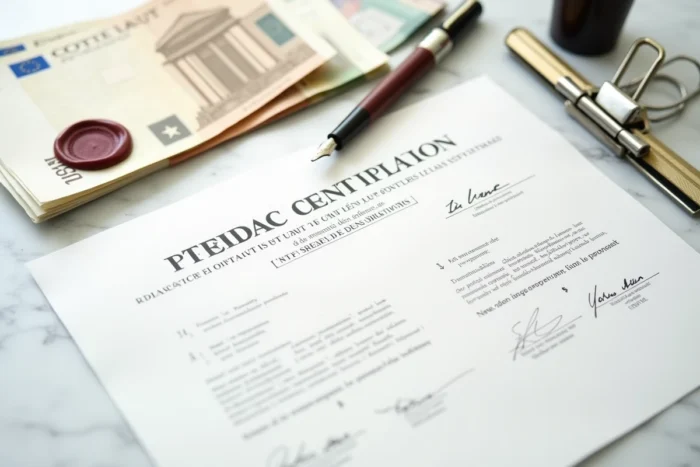 Contrat de vente immobilière signé avec sceau notarial et billets d'euros représentant des fonds bloqués