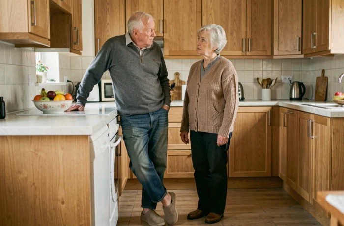 Couple de personnes âgées à la cuisine, l'homme présentant une fatigue et des chevilles gonflées, signes d'insuffisance cardiaque