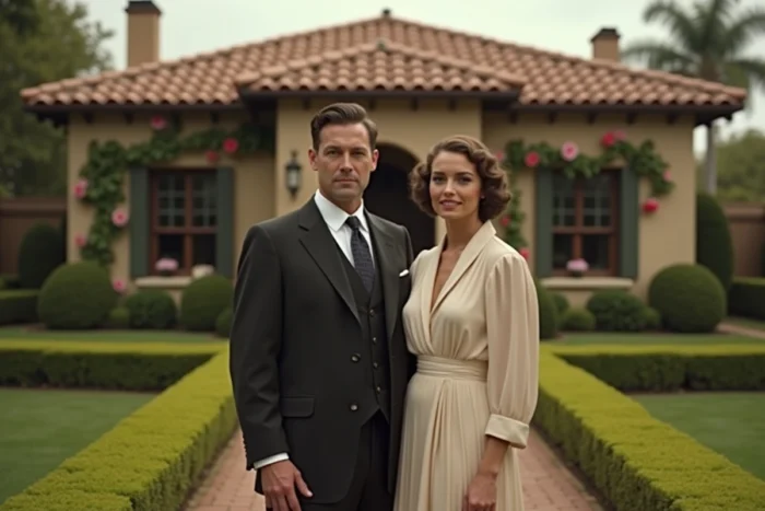 Couple en tenue des années 1930 posant devant une maison de style colonial espagnol avec des roses grimpantes, illustrant la vie domestique et privée de Walt Disney et son épouse