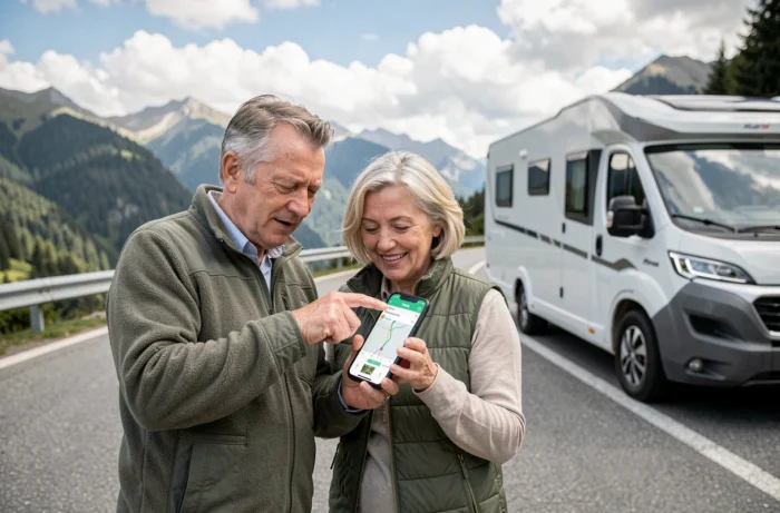 Couple de voyageurs en caravane consultant l'application Waze sur smartphone au bord d'une route de montagne pour optimiser leur trajet
