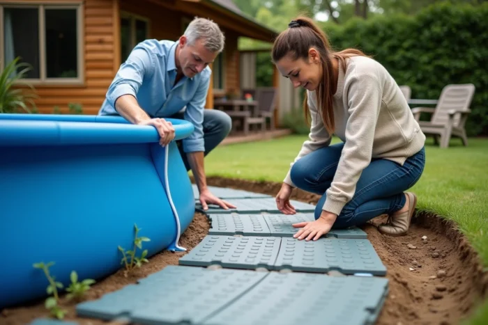 Couple posant des dalles de mousse sous une piscine autoportée pour corriger son inclinaison dans le jardin