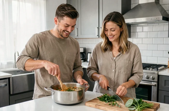 Couple cuisinant ensemble une soupe végétarienne maison dans une cuisine moderne et conviviale