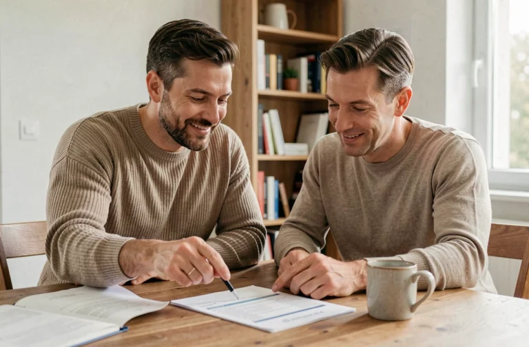 Couple examinant des documents de crédit immobilier à leur table de cuisine dans un appartement moderne