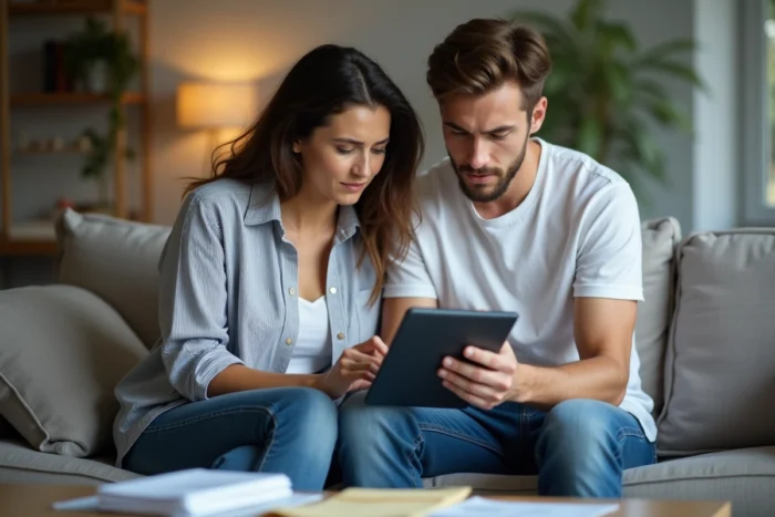 Couple vérifiant ensemble leur éligibilité et le plafond de revenus pour bénéficier de la prime d'activité