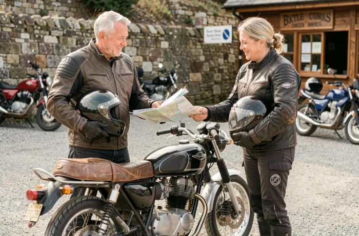 Couple de motards quinquagénaires consultant une carte sur leur moto devant un café de bord de route