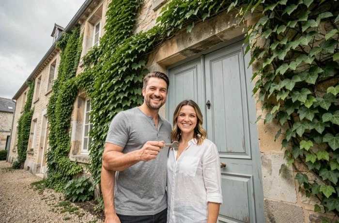 Couple de nouveaux propriétaires tenant les clés devant la porte d'entrée de leur maison après la remise des clés chez le notaire
