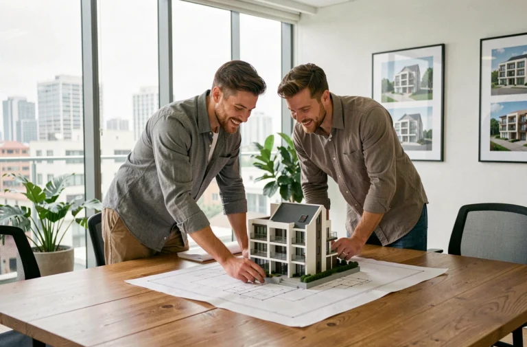 Couple examinant les plans d'un projet immobilier neuf avec un promoteur dans un bureau moderne